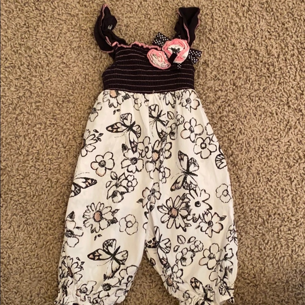 Black and white and pink floral baby jumpsuit